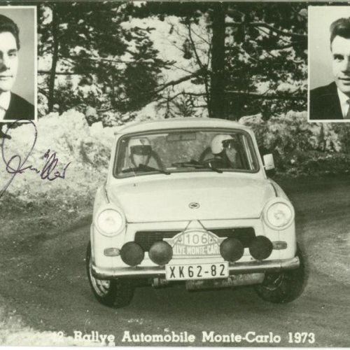Autogrammkarte: Franz Galle und Jochen Müller bei der Rallye Monte Carlo 1973
